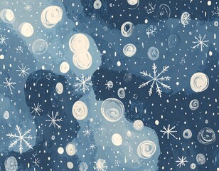 Winter night sky pattern with snowflakes and circles