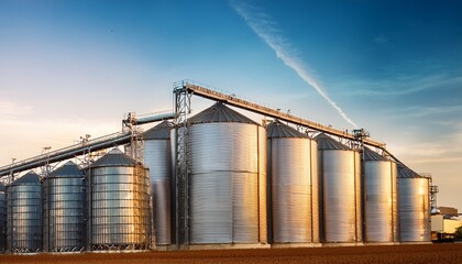 Obraz premium agricultural silos storage and drying of grains wheat corn soy sunflower industrial building exterior big metallic silver containers close up background of agricultural tanks with copy space