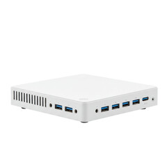 Compact modern white Mini PC or thin client computer hardware with multiple USB ports isolated PNG with Transparent Background