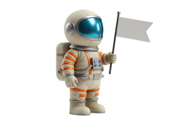 Naklejka premium Astronaut cartoon character holding a flag isolated PNG, space explorer in spacesuit with blank banner on transparent background