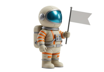 Astronaut cartoon character holding a flag isolated PNG, space explorer in spacesuit with blank banner on transparent background