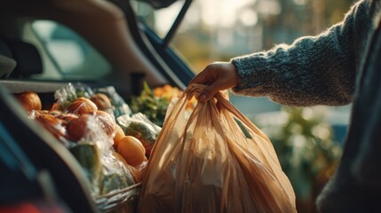 Medium shot of groceries being placed carefully into a cars open trunk at a drivethru grocery pickup highlighting the hands and bags while the surroundings remain softly blurred.