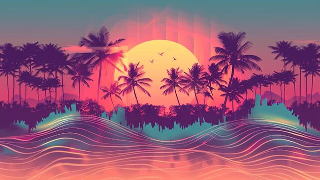A vibrant graphic depicting sound waves intertwined with palm trees, set against a stunning sunset in the background, creating a tropical, musical, and visually captivating scene.