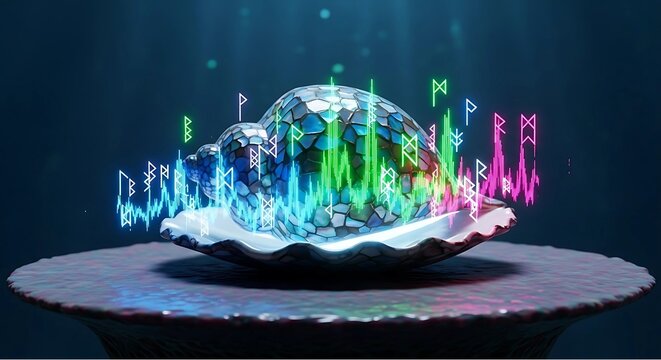 A magic crystal ball glows with a bright blue light, illuminating a digital planet floating in a cosmic backdrop of stars - Powered by Adobe