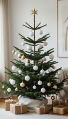 Minimalist Christmas tree with white and gold ornaments in a Scandinavian style interior, soft natural light, and clean neutral background. Perfect for modern holiday branding and decor visuals.