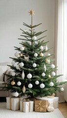 Minimalist Christmas tree with white and gold ornaments in a Scandinavian style interior, soft natural light, and clean neutral background. Perfect for modern holiday branding and decor visuals.