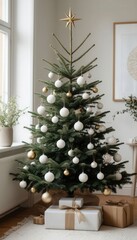 Minimalist Christmas tree with white and gold ornaments in a Scandinavian style interior, soft natural light, and clean neutral background. Perfect for modern holiday branding and decor visuals.