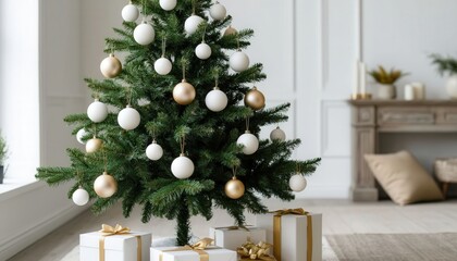 Minimalist Christmas tree with white and gold ornaments in a Scandinavian style interior, soft natural light, and clean neutral background. Perfect for modern holiday branding and decor visuals.