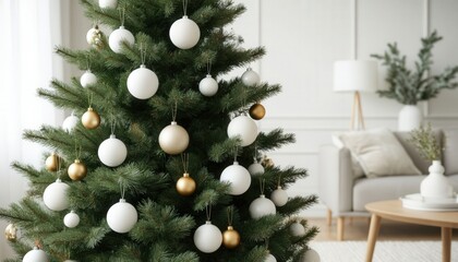 Minimalist Christmas tree with white and gold ornaments in a Scandinavian style interior, soft natural light, and clean neutral background. Perfect for modern holiday branding and decor visuals.