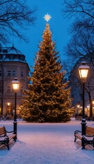 Snowy town square with a grand outdoor Christmas tree, glowing lights, ornaments and festive garlands on lampposts, surrounded by benches in a serene evening glow. Perfect for holiday branding visuals