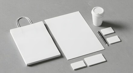 Minimalist Branding Mockup with Paper Bag, Blank Paper, Business Cards, Coffee Cup, and Pen on Gray Concrete Background. Ideal for Business, Marketing, and Design