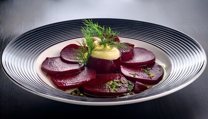 gourmet meal on plate with sliced beets with sauce