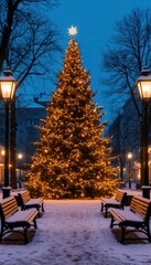 Snowy town square with a grand outdoor Christmas tree, glowing lights, ornaments and festive garlands on lampposts, surrounded by benches in a serene evening glow. Perfect for holiday branding visuals