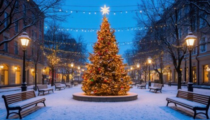 Snowy town square with a grand outdoor Christmas tree, glowing lights, ornaments and festive garlands on lampposts, surrounded by benches in a serene evening glow. Perfect for holiday branding visuals