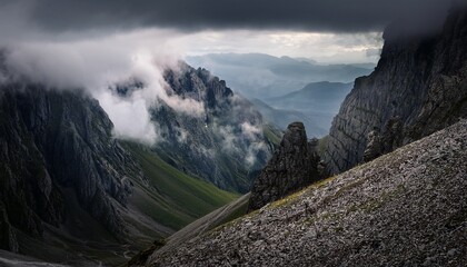 dark atmospheric landscape on edge of abyss in highlands dangerous mountains and abyss among low clouds danger mountain pass and sharp rocks in clouds dangerous cloudy rainy weather in mountains