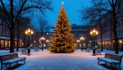 Snowy town square with a grand outdoor Christmas tree, glowing lights, ornaments and festive garlands on lampposts, surrounded by benches in a serene evening glow. Perfect for holiday branding visuals