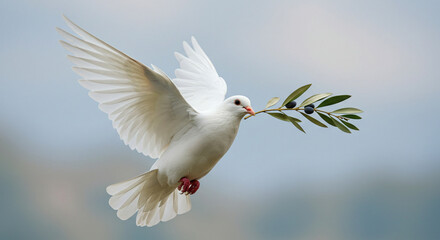 A white dove in flight carrying an olive branch, symbolizing peace.
