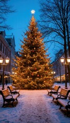 Snowy town square with a grand outdoor Christmas tree, glowing lights, ornaments and festive garlands on lampposts, surrounded by benches in a serene evening glow. Perfect for holiday branding visuals