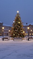 Snowy town square with a grand outdoor Christmas tree, glowing lights, ornaments and festive garlands on lampposts, surrounded by benches in a serene evening glow. Perfect for holiday branding visuals