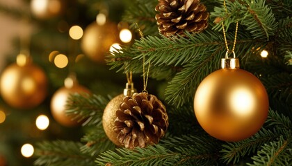 Close-up of Christmas tree branches with golden baubles, pinecones, and fairy lights against a blurred bokeh background. Perfect for festive branding, seasonal décor, and holiday campaigns.