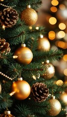 Close-up of Christmas tree branches with golden baubles, pinecones, and fairy lights against a blurred bokeh background. Perfect for festive branding, seasonal décor, and holiday campaigns.