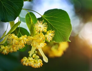 macro photo of linden or basswood or lime tree branch blooming with yellow flowers linden blossom