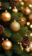Close-up of Christmas tree branches with golden baubles, pinecones, and fairy lights against a blurred bokeh background. Perfect for festive branding, seasonal décor, and holiday campaigns.