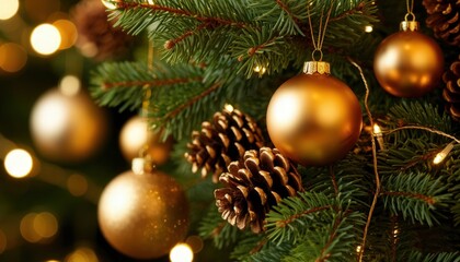 Close-up of Christmas tree branches with golden baubles, pinecones, and fairy lights against a blurred bokeh background. Perfect for festive branding, seasonal décor, and holiday campaigns.