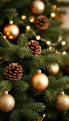 Close-up of Christmas tree branches with golden baubles, pinecones, and fairy lights against a blurred bokeh background. Perfect for festive branding, seasonal décor, and holiday campaigns.