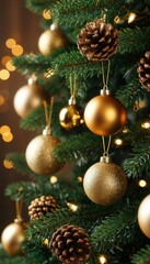 Close-up of Christmas tree branches with golden baubles, pinecones, and fairy lights against a blurred bokeh background. Perfect for festive branding, seasonal décor, and holiday campaigns.