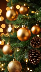 Close-up of Christmas tree branches with golden baubles, pinecones, and fairy lights against a blurred bokeh background. Perfect for festive branding, seasonal décor, and holiday campaigns.