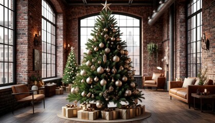 Modern Christmas tree with geometric ornaments, metallic accents in a stylish loft with brick walls and large windows, glowing in warm ambient light. Perfect for contemporary holiday branding visuals.