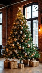 Modern Christmas tree with geometric ornaments, metallic accents in a stylish loft with brick walls and large windows, glowing in warm ambient light. Perfect for contemporary holiday branding visuals.