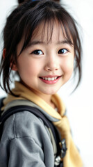 Obraz premium Smiling Japanese school child with backpack on white background.