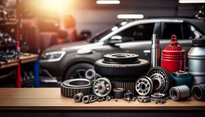 various car spare parts on a mechanic workbench background in a garage auto repair shop or auto parts store concept
