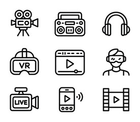Multimedia and virtual reality line icons set video audio entertainment