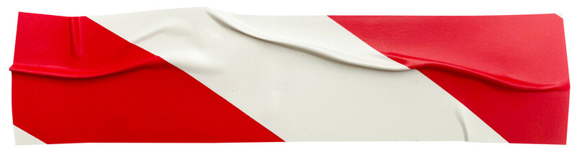 Crumpled torn pieces of red and white striped hazard tape, adhesive sealing tape, sticky torn...