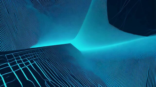 A Stunning Visual Exploration of Dynamic Abstract Lines and Patterns in a Futuristic Blue-Glowing Environment, Capturing the Play of Light and Geometry