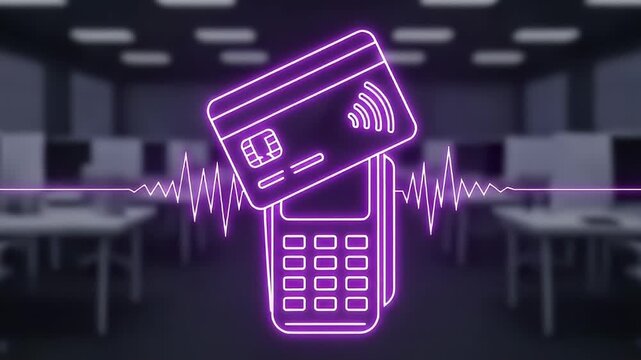 Neon Credit Card Reader with NFC Symbol in Corporate Office - Digital Payment