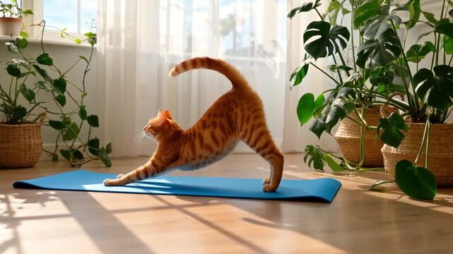 Cartoon-style orange cat practicing yoga on a blue mat in a sunlit room surrounded by green plants