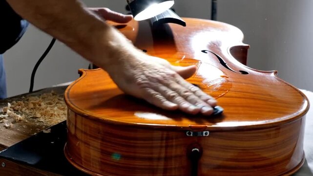 Close-up of a craftsman&rsquo;s hand applying a homemade blend of linseed oil, mastic, and lac onto the cello&rsquo;s marbled back, with dramatic studio lighting highlighting the vivid flames of the wood grain