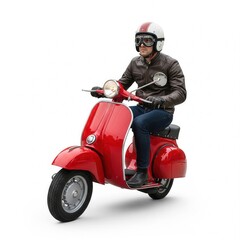 Man riding a classic red scooter wearing a vintage helmet and leather jacket.Isolated white background.