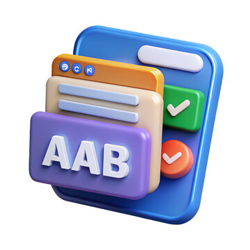 3DUI Interface Icons with Text AB and Checkmarks on Blue Screen render isolated on a transparent background