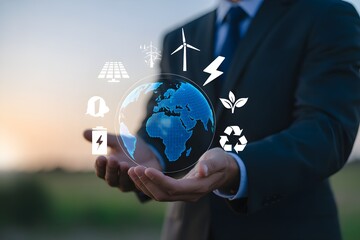 Businessman holding a digital globe with renewable energy icons representing sustainable business and environmental responsibility for corporate social responsibility initiatives
