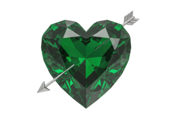 Emerald green heart shaped gemstone with arrow isolated on transparent PNG, love and romance concept for Valentine s Day