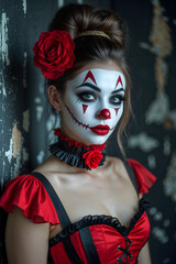 Young woman in heloween costume with dramatic eerie makup look. Wearing red and black corset and necklace generative AI