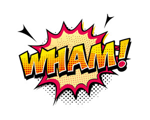 Sound effect bubble with exclamation &lsquo;Wham!&rsquo; in retro halftone comic book style
