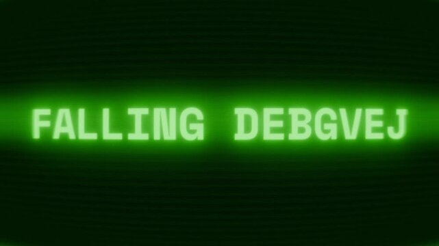 Old green CRT screen showing text FALLING DEBRIS! appearing in random glitch and coding style