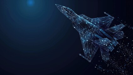 Abstract fighter jet ascends, digital design, dark background. Use Technology