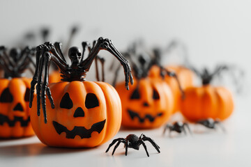 Black skeleton hands rest on top of pumpkins
